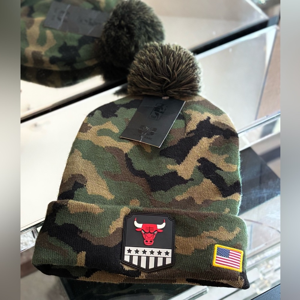 NBA• Chicago Bulls "Salute to Service" Camouflage Knit Beanie with a pom-pom.